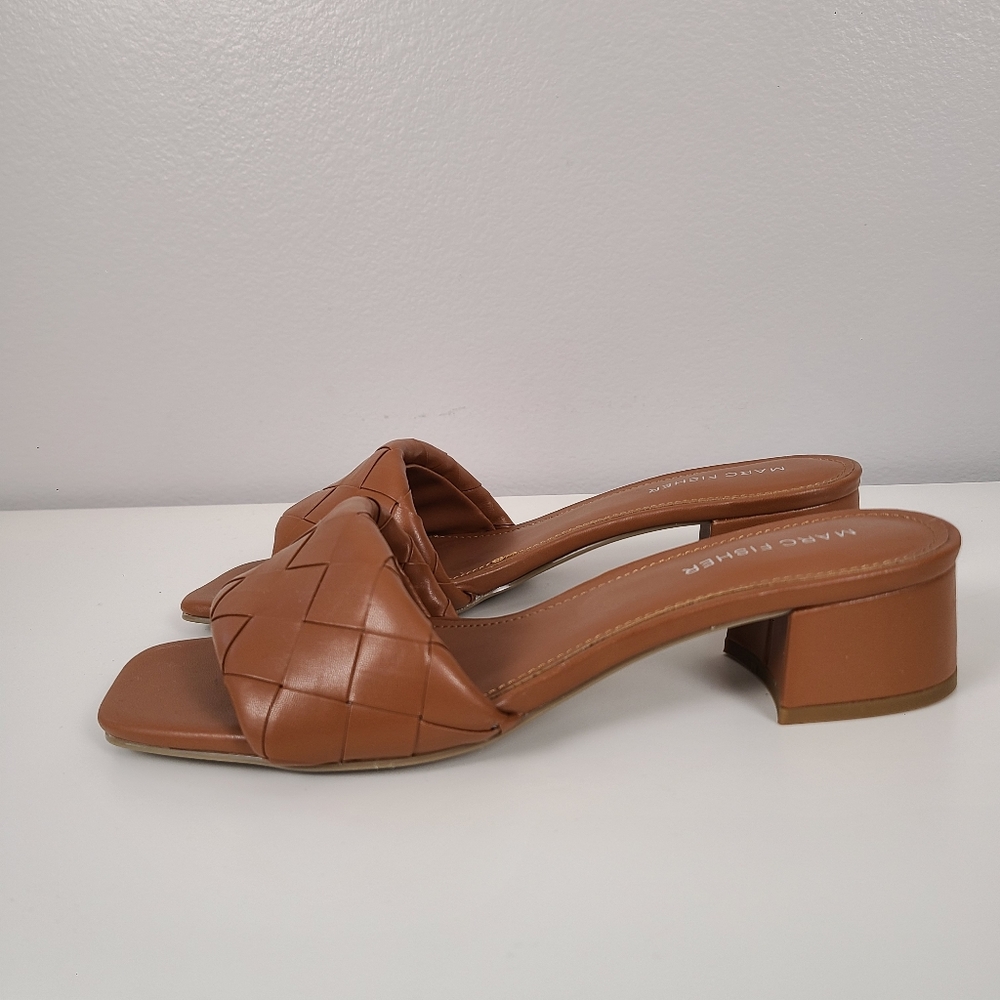 Marc Fisher Cognac Brown Woven Slip-on Heeled Sandal 7.5M
